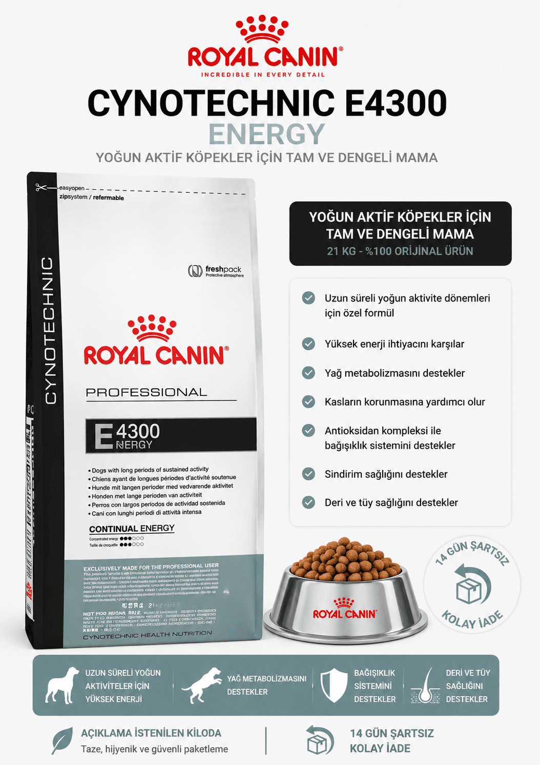 Royal Canin E4300 Energy 1 Kg– Çalışan ve Aktif Köpekler İçin Profesyonel Beslenme