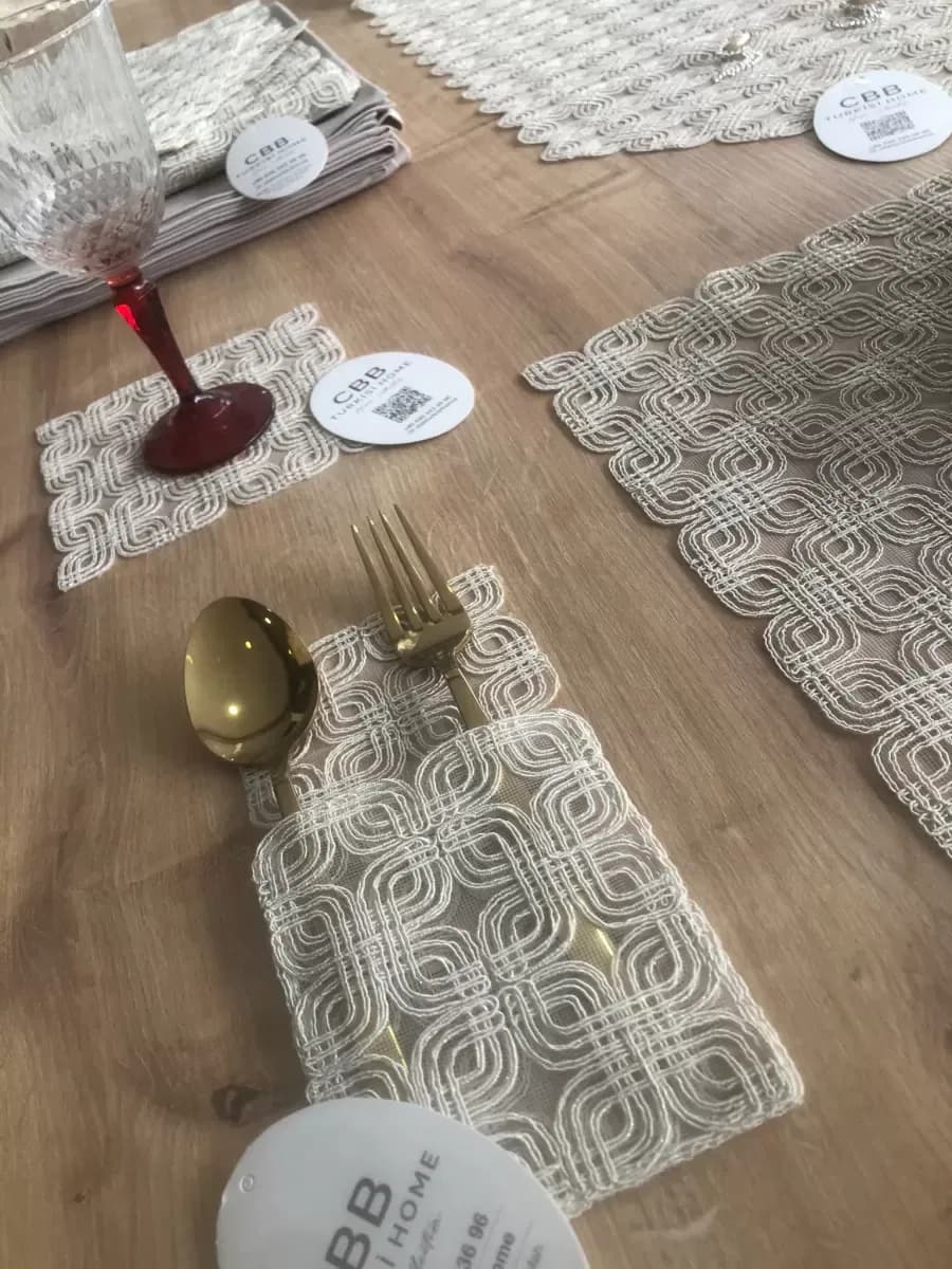 Sofra Takımı Orion Gardenya Keten Yemek Takımı 160x260 Masa Seti 26 Parça Runner Set Kapiçino