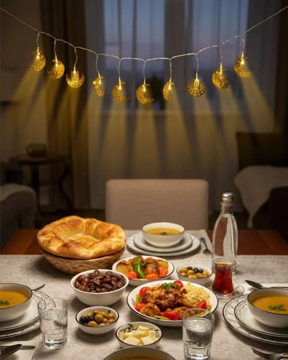 Pilli Minareli Hilal Led Işık Gold Metal Ramazan Dekorasyonu