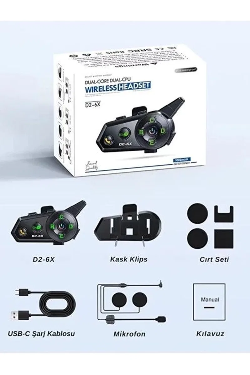 D2-6x 1000m Mesafeli 6 Klı İntercom Bluetooth Motosiklet Kask Kulaklığı İntercom Kulaklık