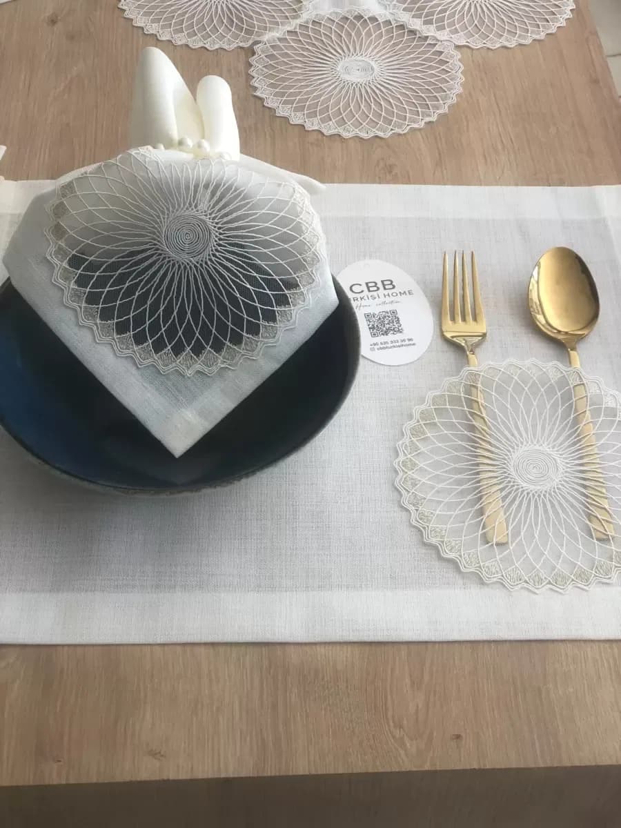 Sofra Takımı Planet Gardenya Keten Yemek Takımı 160x260 Masa Seti 26 Parça Runner Set Krem
