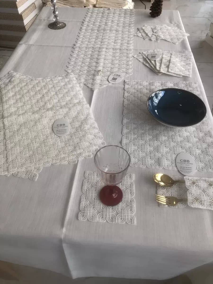 Sofra Takımı Orion Gardenya Keten Yemek Takımı 160x260 Masa Seti 26 Parça Runner Set Krem