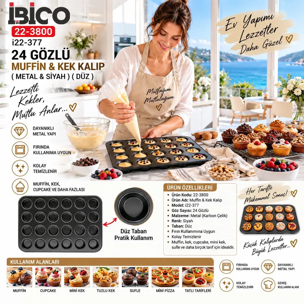 Muffin Kek Kalıbı 24 Bölmeli Siyah Metal