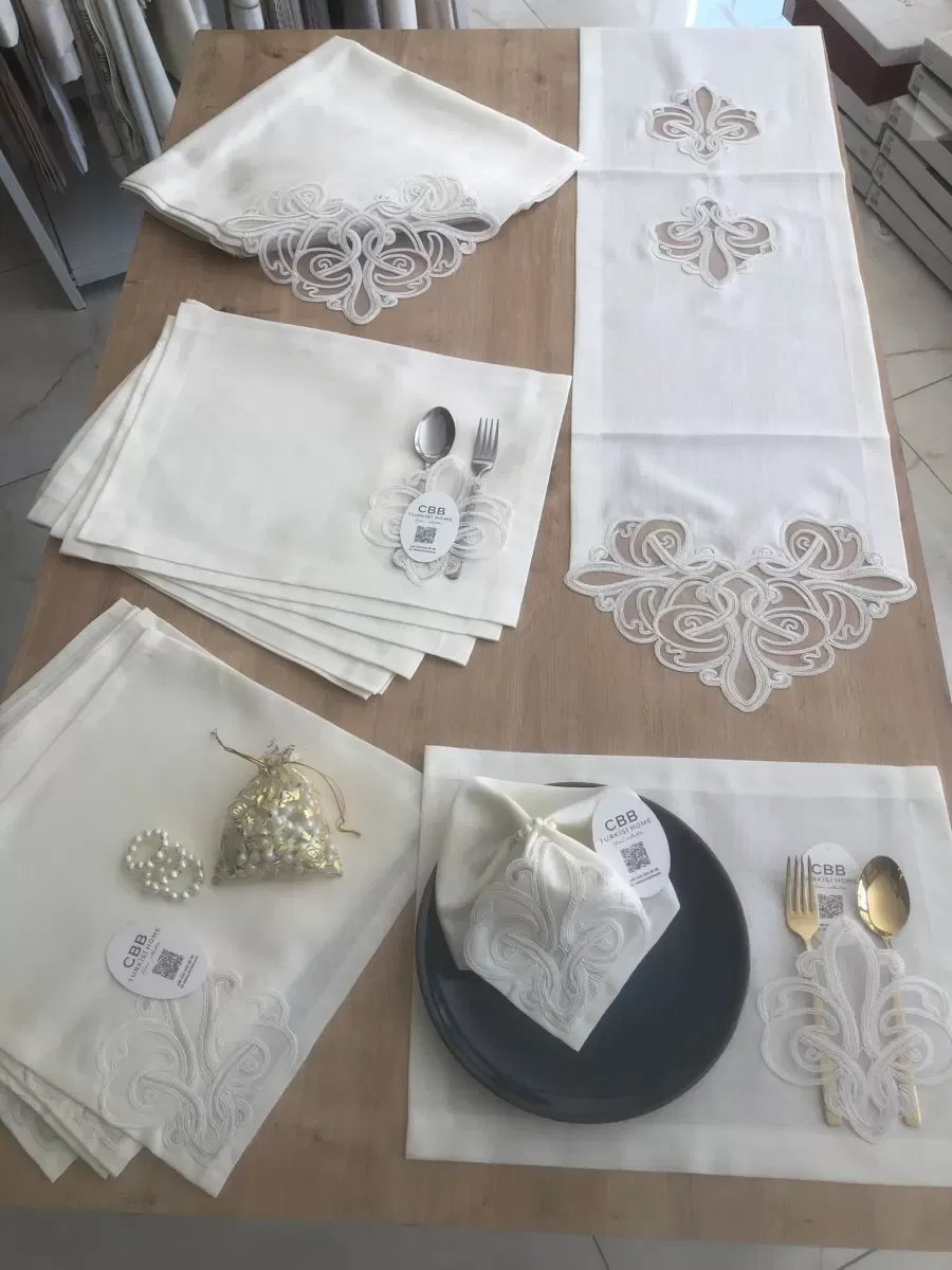 Sofra Takımı Taç Gardenya Keten Yemek Takımı 160x260 Masa Seti 26 Parça Runner Set Krem