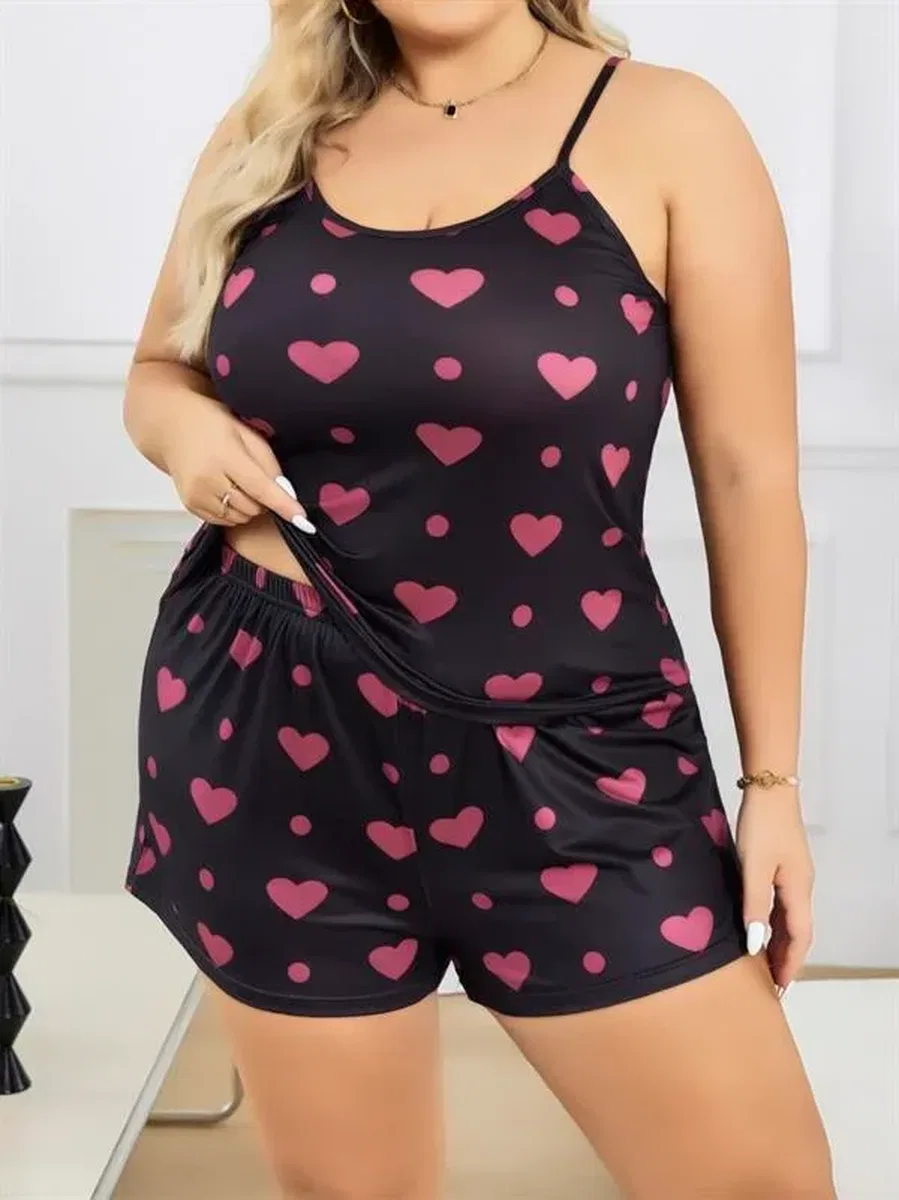 Büyük Beden Siyah Kalp Desen İnce Askılı Pamuklu Şortlu Pijama Takımı