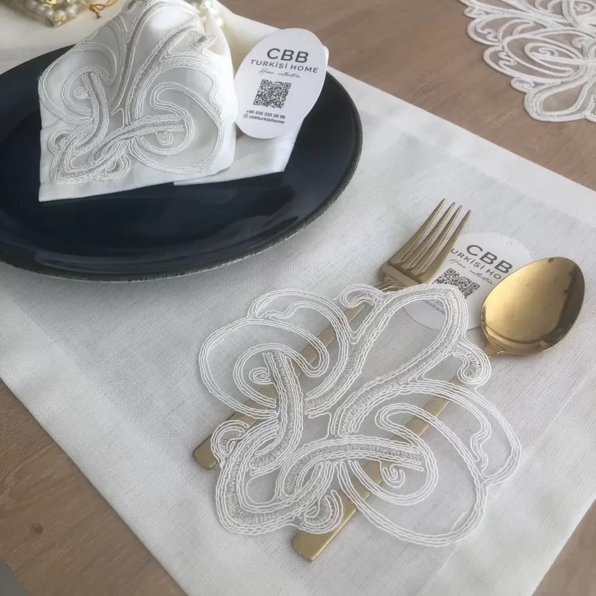 Sofra Takımı Taç Gardenya Keten Yemek Takımı 160x260 Masa Seti 26 Parça Runner Set Krem