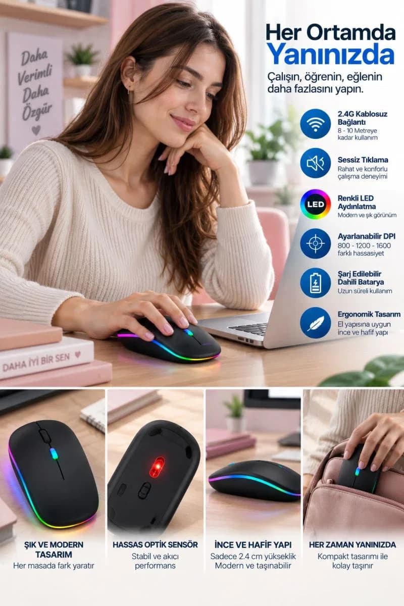 İnce Ergonomik Tasarım 2. 4g Kablosuz Led Mouse