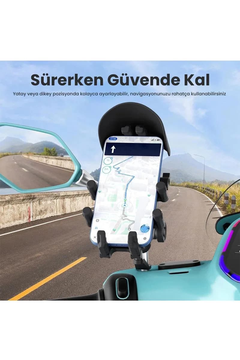 Ayna Bağlantılı Güneş Ve Yağmur Korumalı 360° Derece Ayarlanabilir Motosiklet Telefon Tutucu