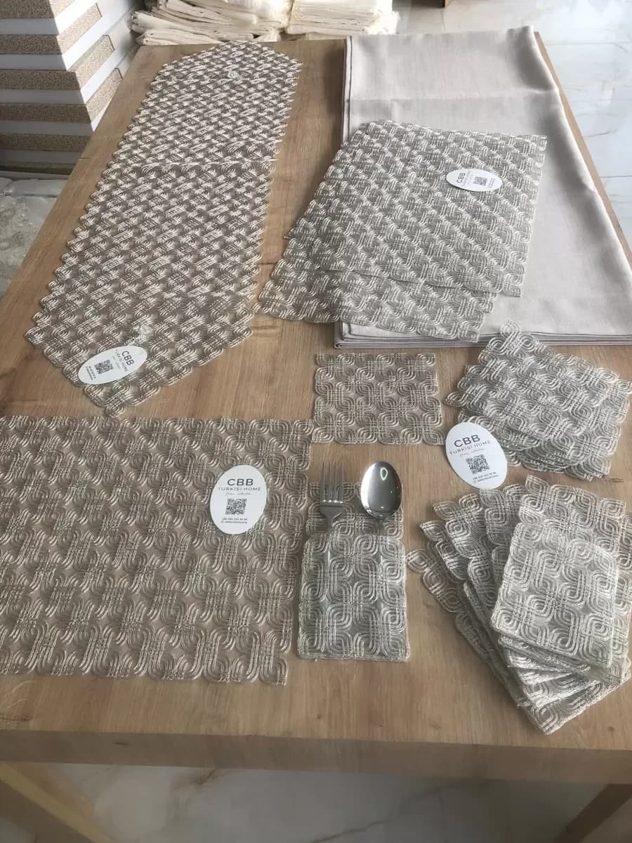 Sofra Takımı Orion Gardenya Keten Yemek Takımı 160x260 Masa Seti 26 Parça Runner Set Platin