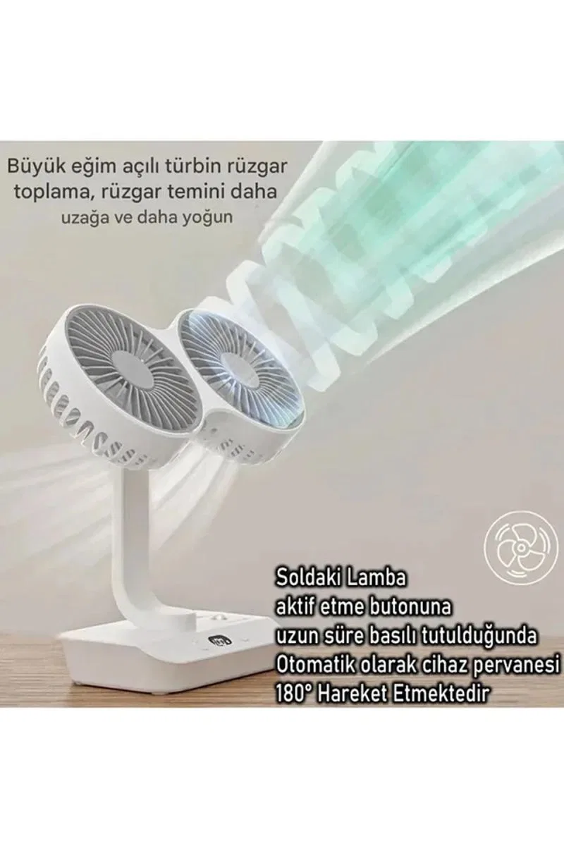 Masaüstü Dijital Ekranlı Çift Fanlı Led Işıklı Soğutucu Fan Ev Ofis Şarjlı Vantilatör