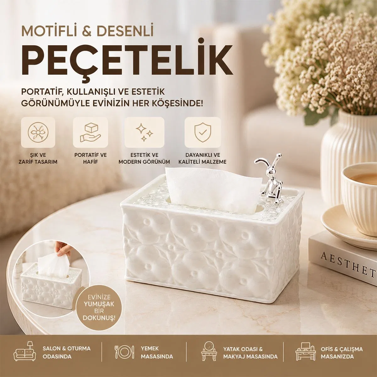 Dikdörtgen Beyaz Yaylı Masaüstü Peçetelik 18. 4x12. 5x9 cm