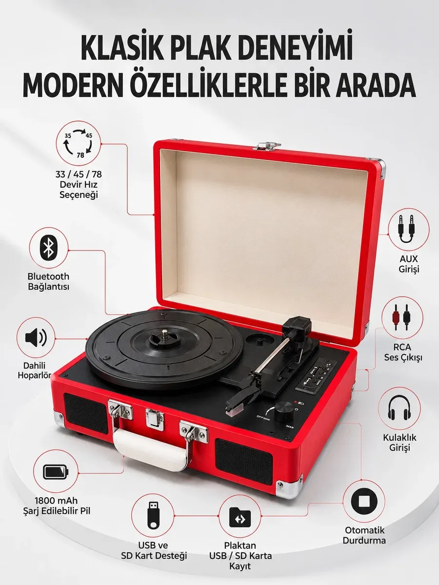Şarj Edilebilir Taşınabilir Pikap 1800 mAh Dahili Pil Bluetooth ve Çoklu Bağlantı Seçenekli