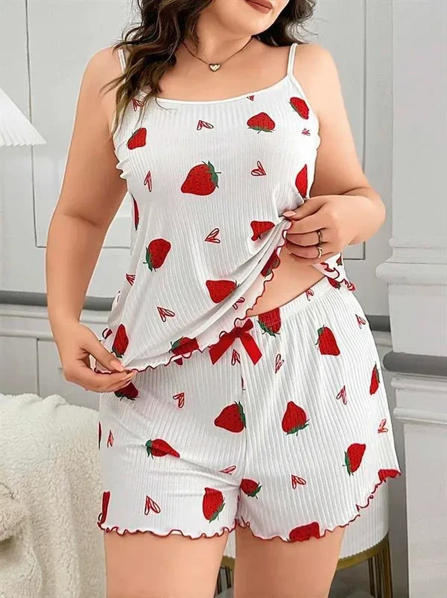 Büyük Beden Çilek Desen Pamuklu Şortlu Pijama Takımı