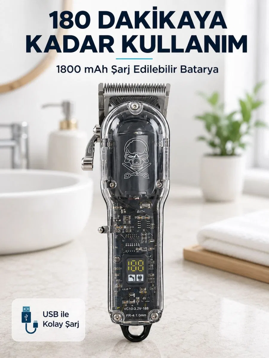 Erkek Saç Tıraş Makinesi Ayarlanabilir Bıçaklı 4 Taraklı 180 Dakika Kullanımlı Lcd Ekranlı Şarjlı
