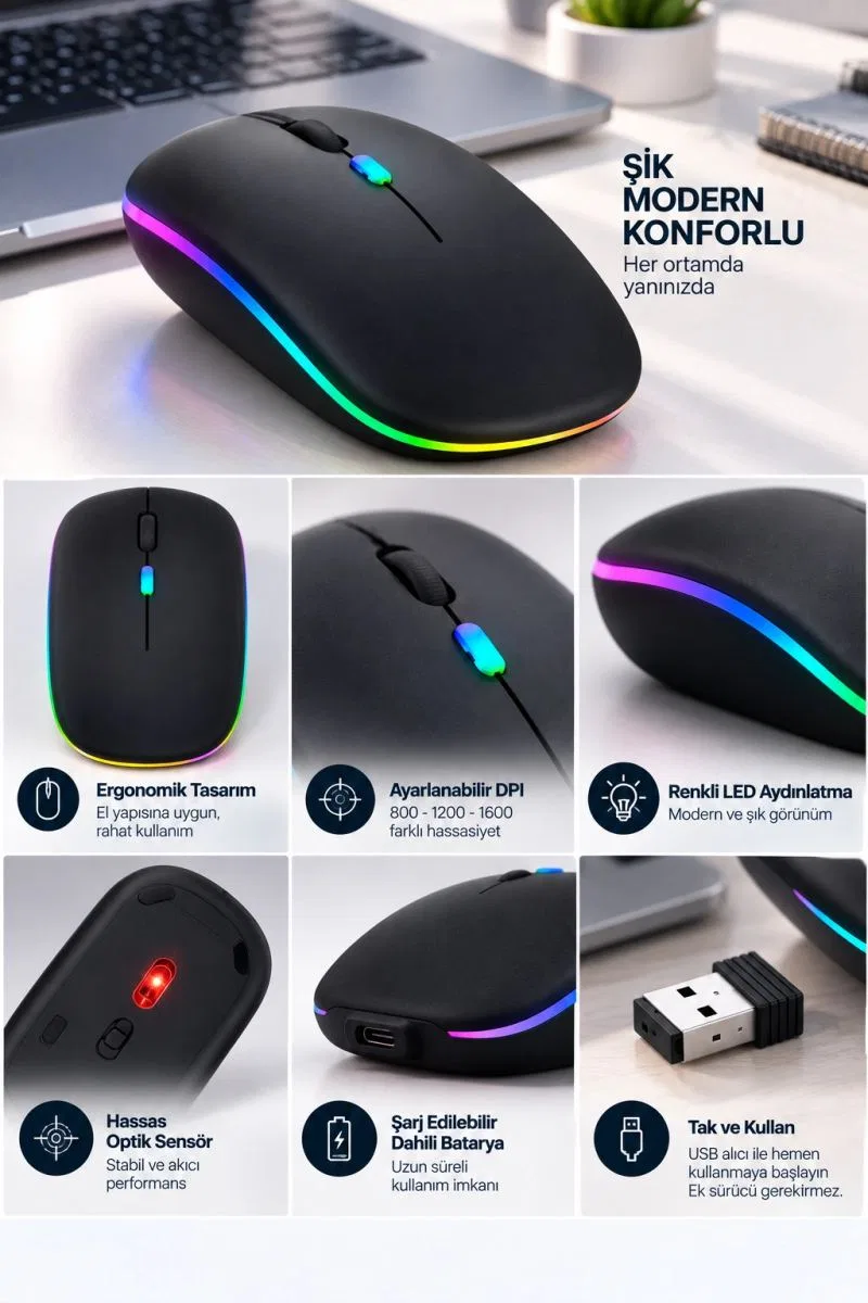 İnce Ergonomik Tasarım 2. 4g Kablosuz Led Mouse