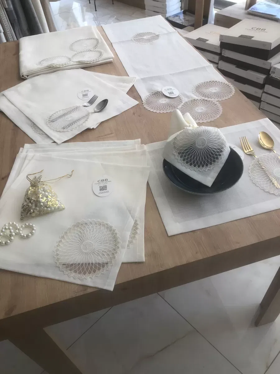 Sofra Takımı Planet Gardenya Keten Yemek Takımı 160x260 Masa Seti 26 Parça Runner Set Krem