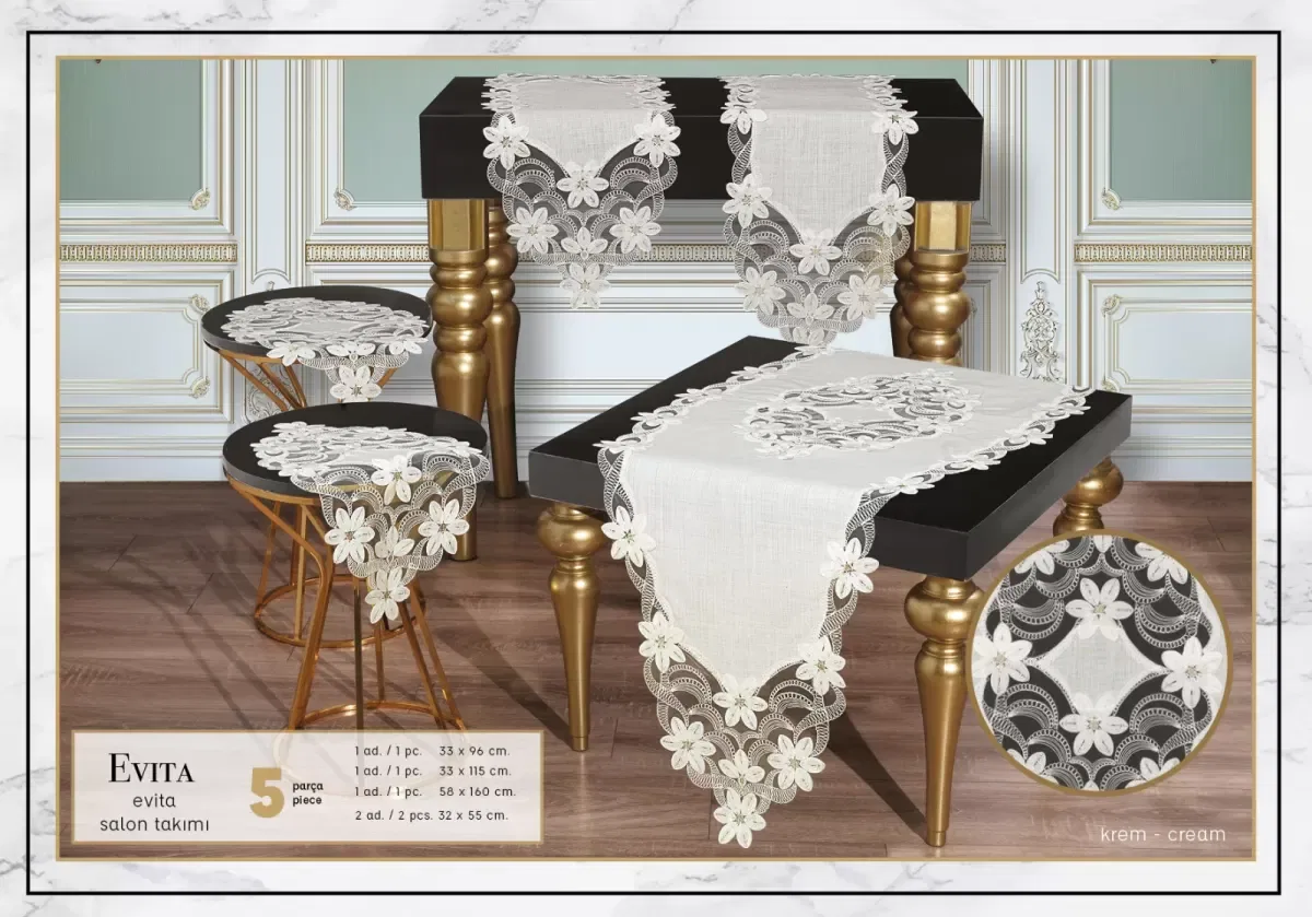 Salon Takımı Çeyizlik Krem Runner Set 5 Parça Keten Masa Örtüsü Runneri Lüx Evita