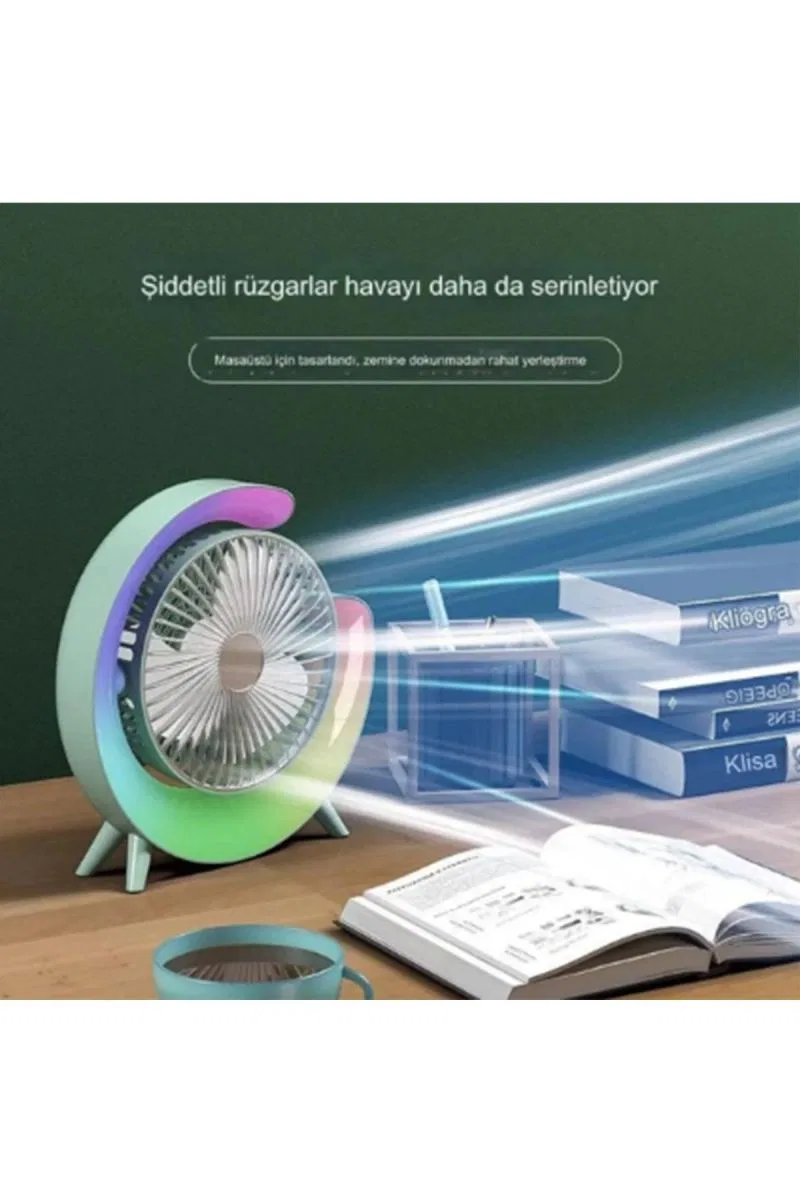 Masaüstü Vantilatör Usb Şarjlı Rgb Led Işıklı 3 Kademeli 180° Ayarlanabilir Soğutucu Fan Mavi