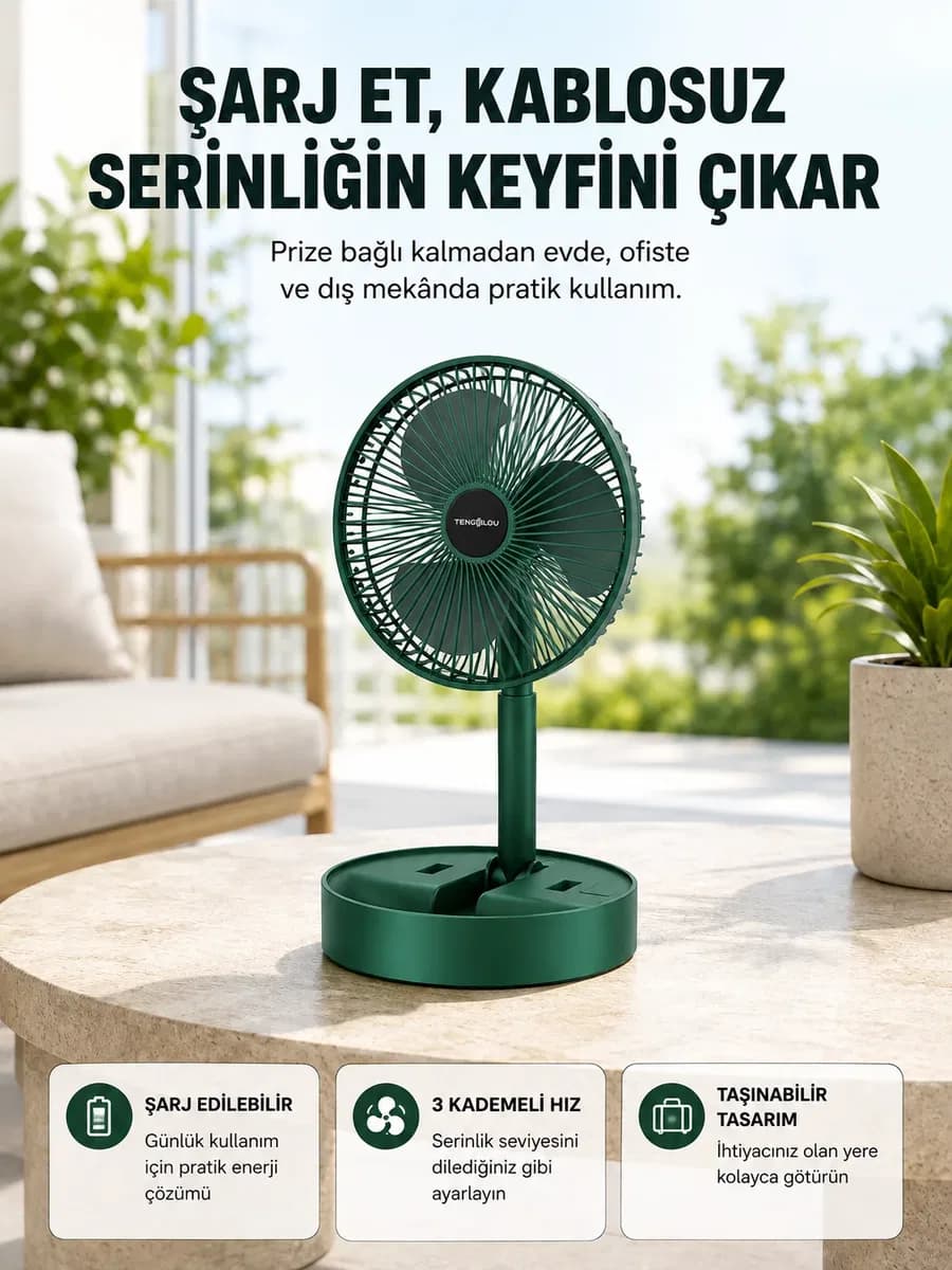 Katlanabilir Şarjlı Mini Fan 3 Kademeli Hız Ayarlı Taşınabilir