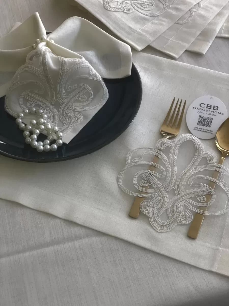 Sofra Takımı Taç Gardenya Keten Yemek Takımı 160x260 Masa Seti 26 Parça Runner Set Krem