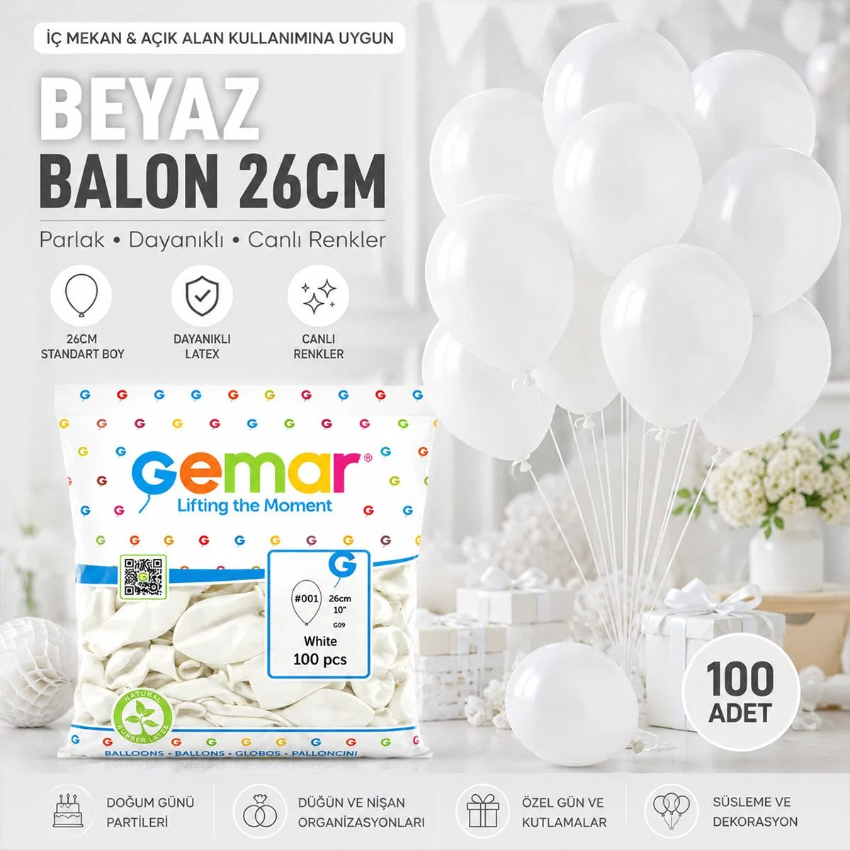 Beyaz İç Mekan Lateks Balon 100'lü