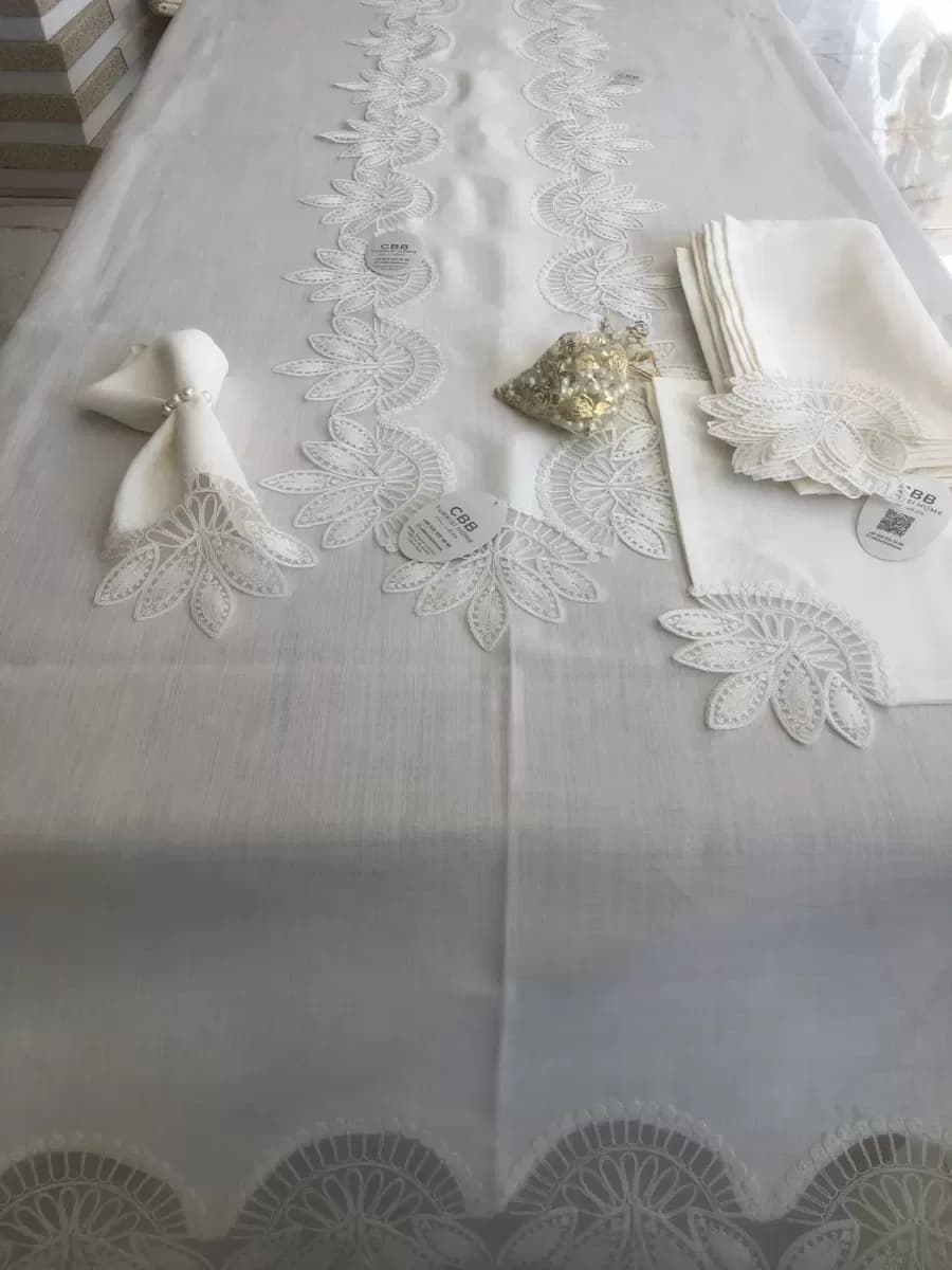 Sofra Takımı Lady Gardenya Keten Yemek Takımı 160x220 Masa Seti 26 Parça Runner Set Krem