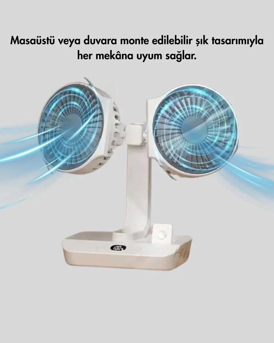 Çift Kafalı Masaüstü ve Duvar Tipi Sessiz USB Şarjlı Fan