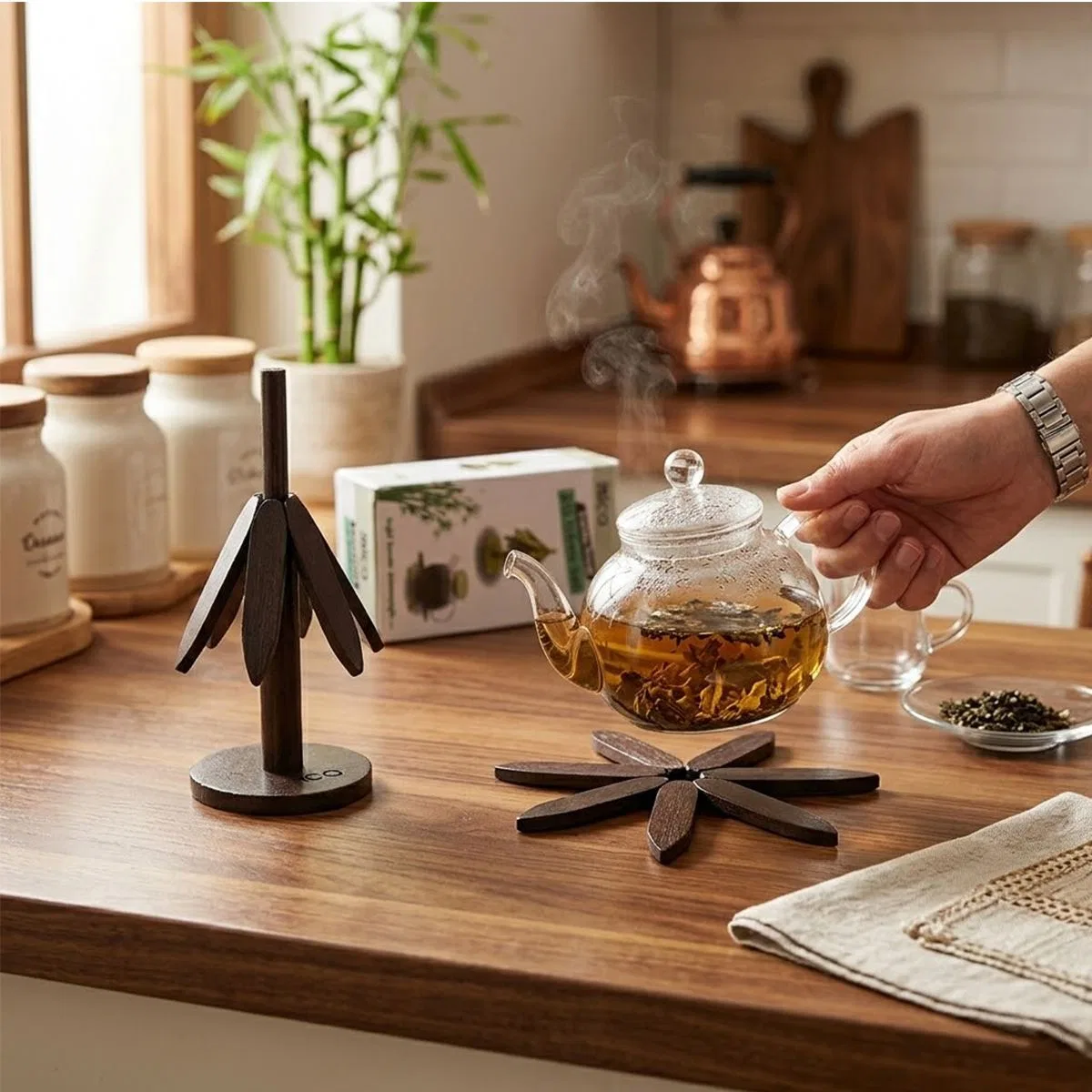 Ahşap Bambu Katlanır Standlı Nihale Yapraklı Çiçek Model