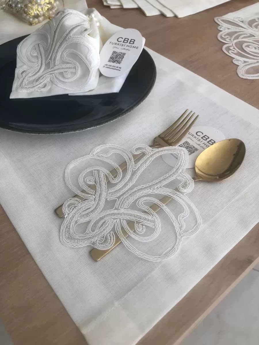 Sofra Takımı Taç Gardenya Keten Yemek Takımı 160x260 Masa Seti 26 Parça Runner Set Krem