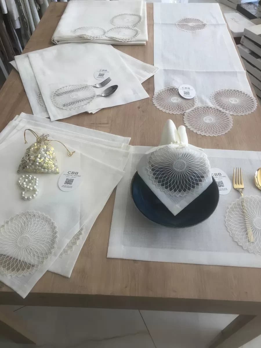 Sofra Takımı Planet Gardenya Keten Yemek Takımı 160x260 Masa Seti 26 Parça Runner Set Krem
