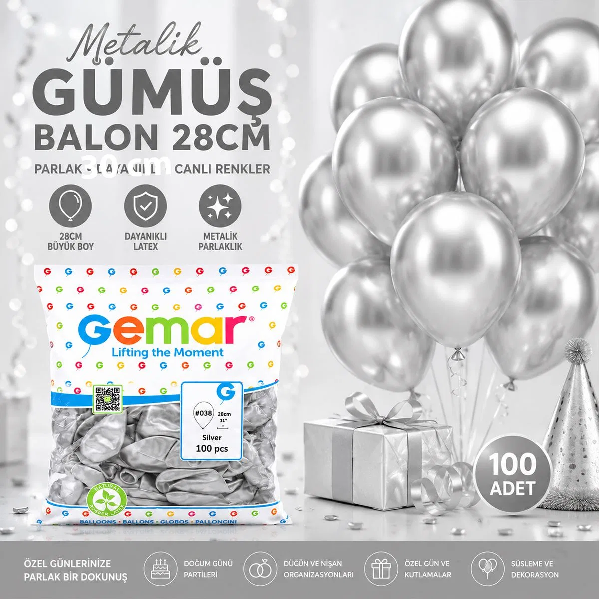 Metalik Gümüş Balon 100'lü