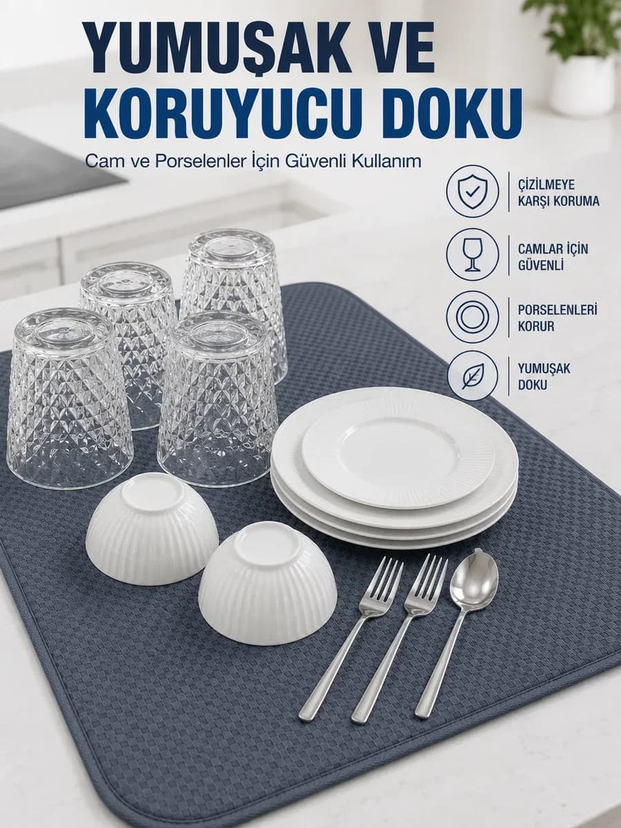 Su Emici Bulaşık Kurutma Matı Kaydırmaz ve Yumuşak Dokulu Kurutmalık