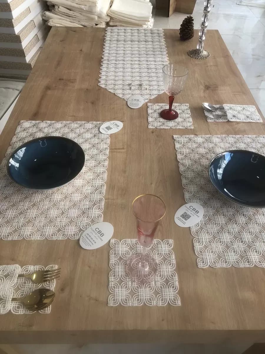 Sofra Takımı Orion Gardenya Keten Yemek Takımı 160x260 Masa Seti 26 Parça Runner Set Krem