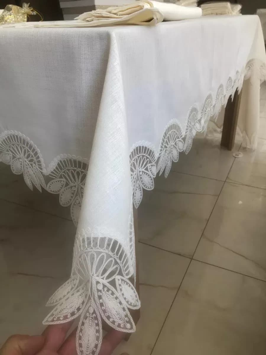 Sofra Takımı Lady Gardenya Keten Yemek Takımı 160x220 Masa Seti 26 Parça Runner Set Krem