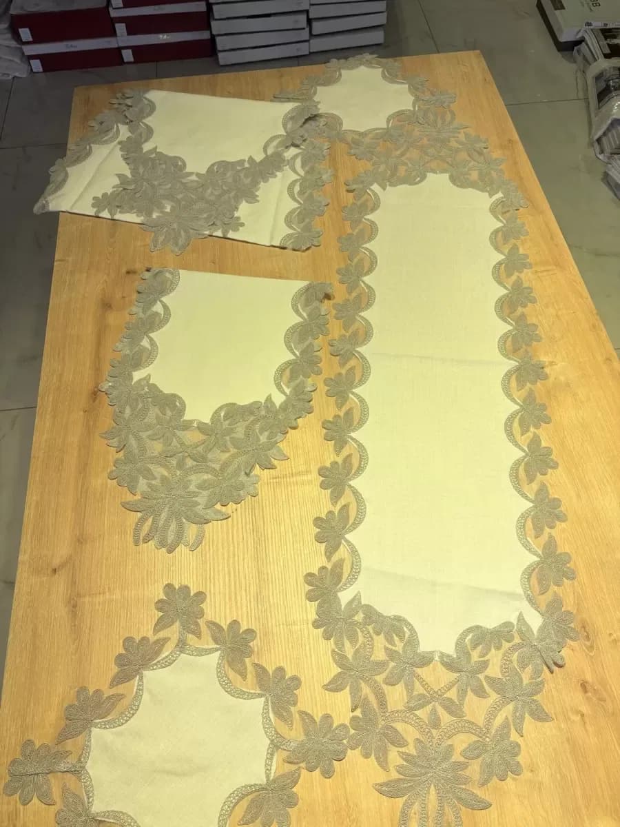 Salon Takımı Çeyizlik Kreme Gri Runner Set 5 Parça Keten Ranır Masa Konsol Sehpa Örtüsü Helena