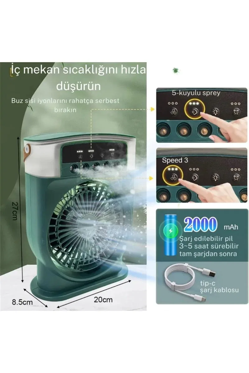 Şarjlı 600 Ml Su Hazneli Taşınabilir Masaüstü Vanilatör Güçlü Fan Ve 2000 Mah Pil Siyah