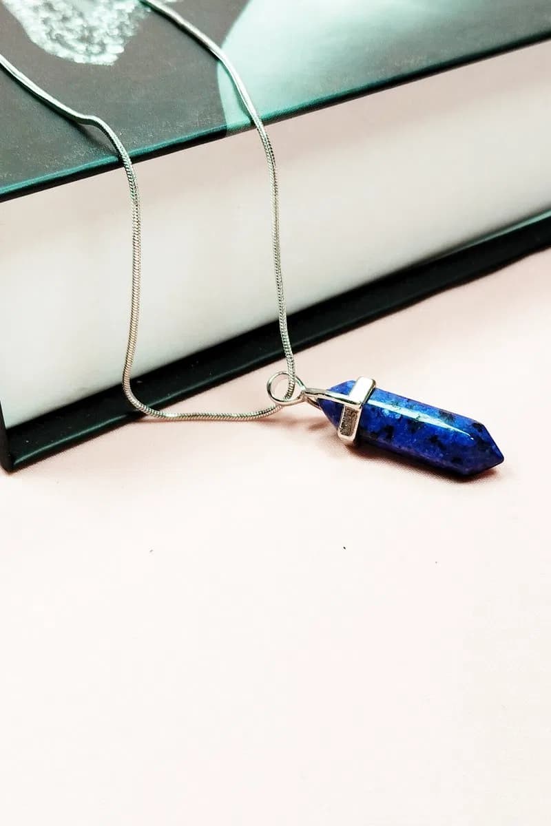 Lapis Lazuli Doğal Taşı Zincirli El Yapımı Tasarımlı Kolye Uç: 3, 5 cm Zincir: 20 cm Kutulu