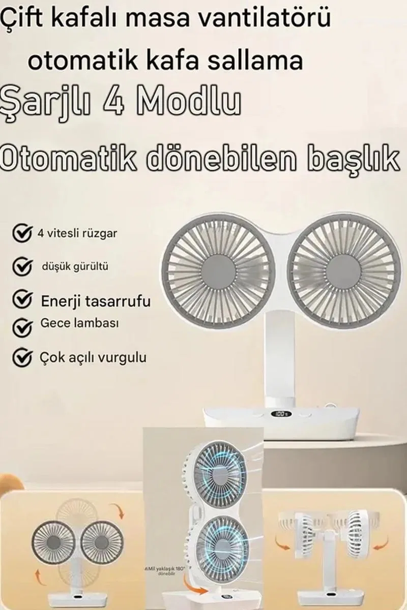 Masaüstü Dijital Ekranlı Çift Fanlı Led Işıklı Soğutucu Fan Ev Ofis Şarjlı Vantilatör