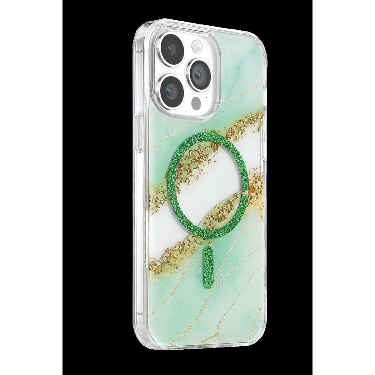 Onegif Apple İphone 15 Pro Max Lotus Simli Magsafe Kapak - Yeşil