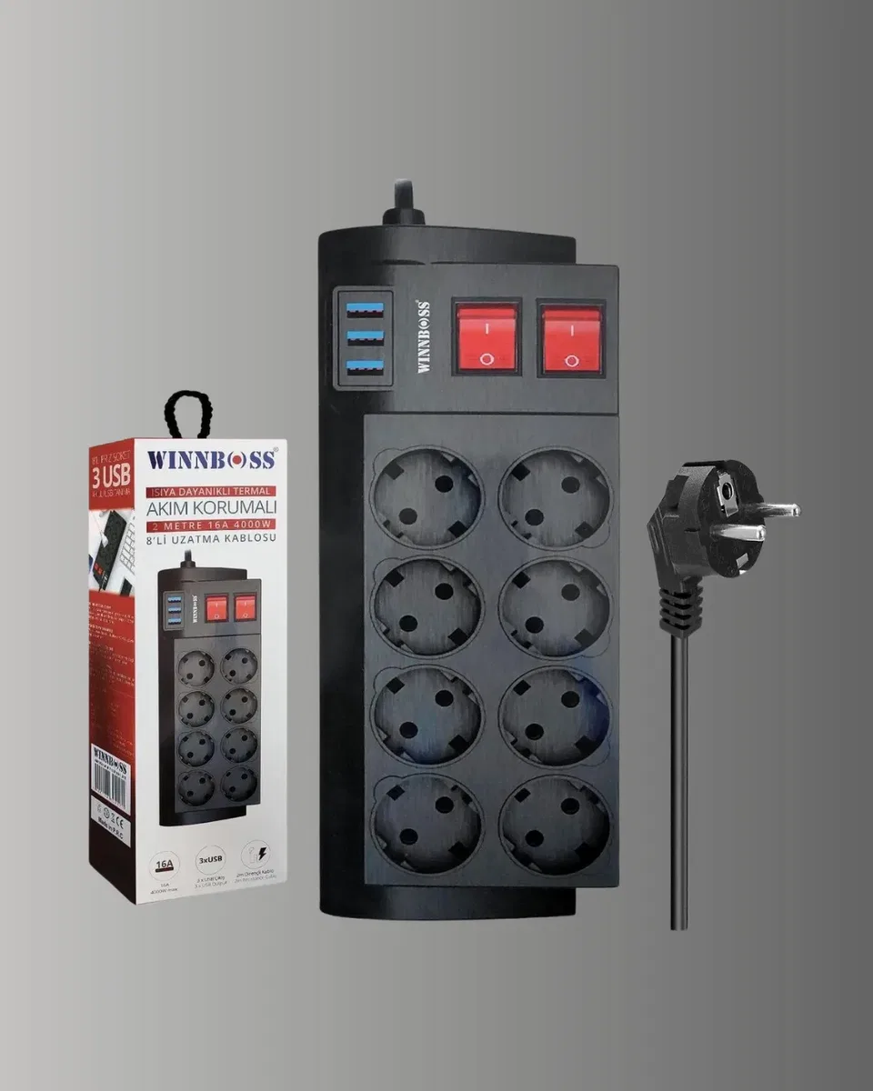 Güçlü Termal Korumalı 8 Priz + 3 USB Çoklu Uzatma Kablosu 2m