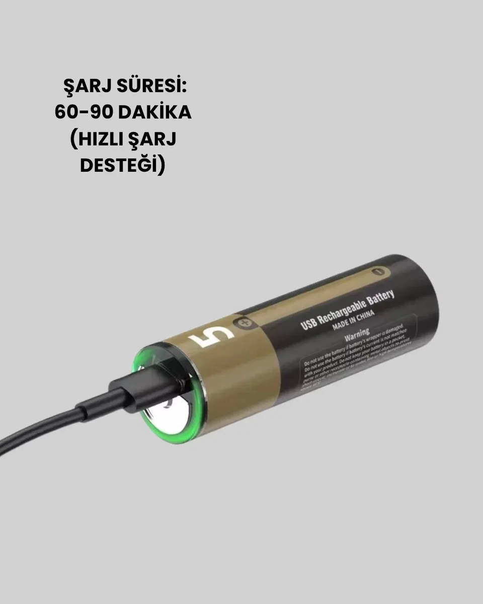 USB Type-C Girişli Şarjlı AA Lityum Pil | 1. 5V Sabit Çıkış | 3200mWh (2'li Paket)