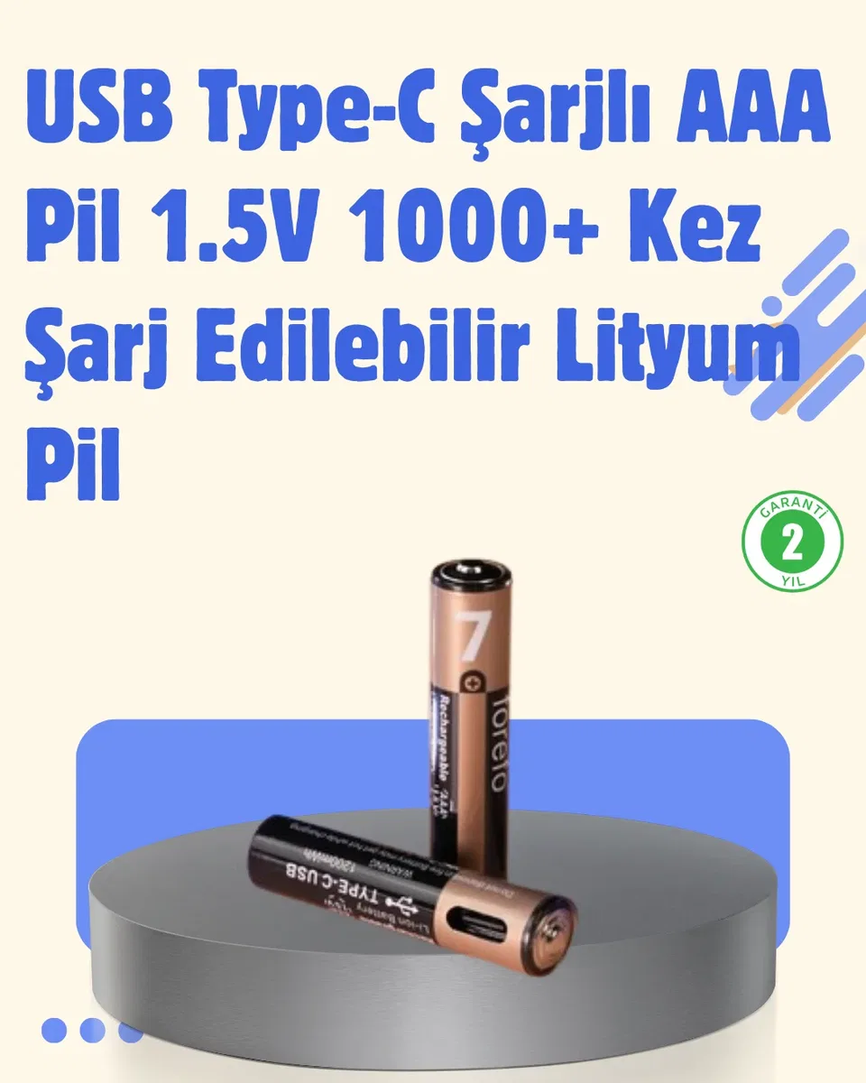 USB Type-C Şarjlı AAA Lityum Pil | 1. 5V Sabit Voltaj, 1000+ Şarj Döngüsü ile Uzun Ömür