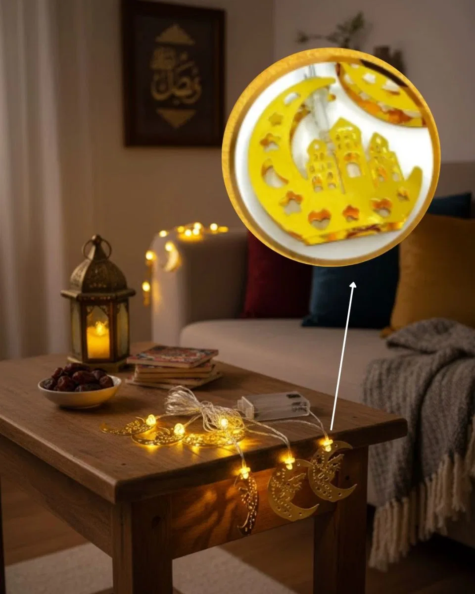 Pilli Minareli Hilal Led Işık Gold Metal Ramazan Dekorasyonu