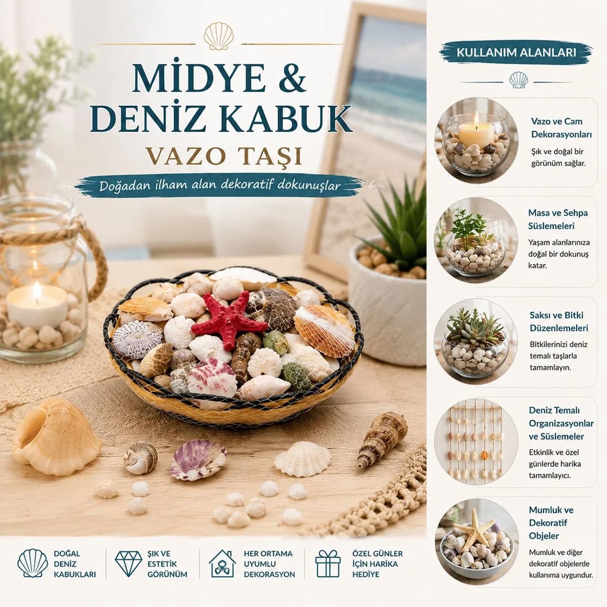 Ahşap Yuvarlak Sepet Fileli Midye ve Deniz Kabuğu Vazo Taşı