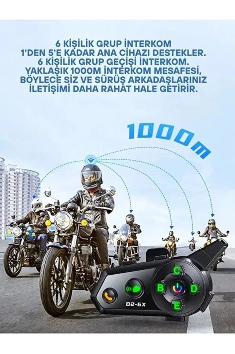 D2-6x 1000m Mesafeli 6 Klı İntercom Bluetooth Motosiklet Kask Kulaklığı İntercom Kulaklık