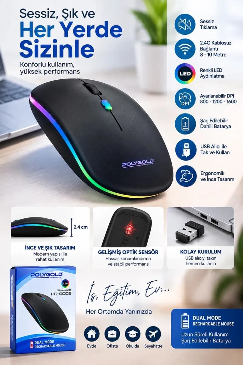 Ofis Ev Okul Kullanımına Uygun Şarjlı Kablosuz Mouse