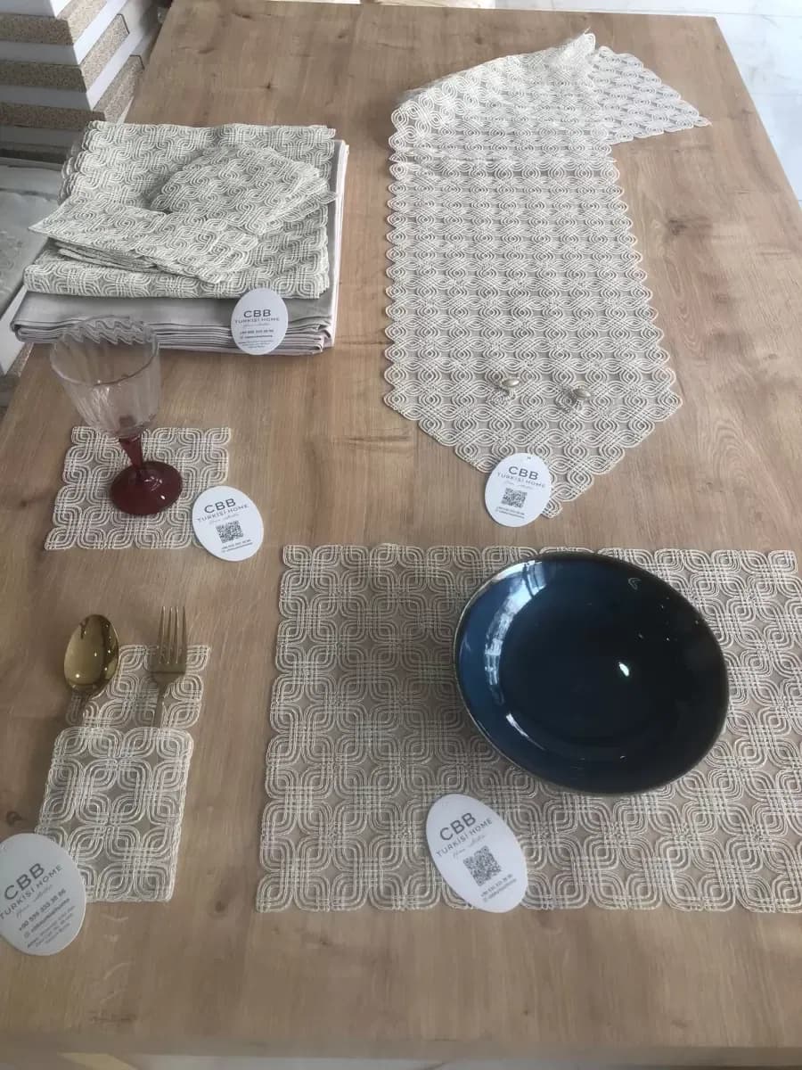 Sofra Takımı Orion Gardenya Keten Yemek Takımı 160x260 Masa Seti 26 Parça Runner Set Kapiçino
