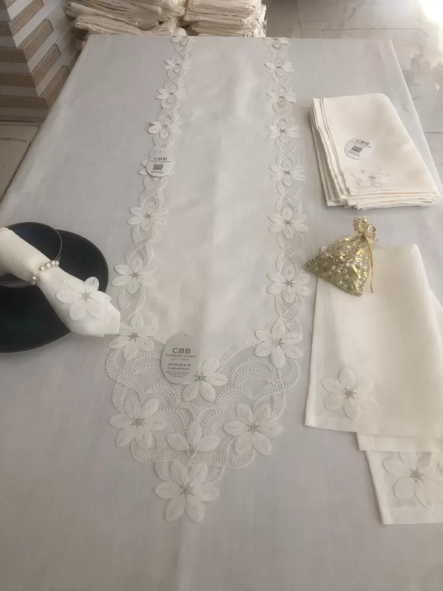 Sofra Takımı Evita Gardenya Keten Yemek Takımı 160x260 Masa Seti 26 Parça Runner Set Krem