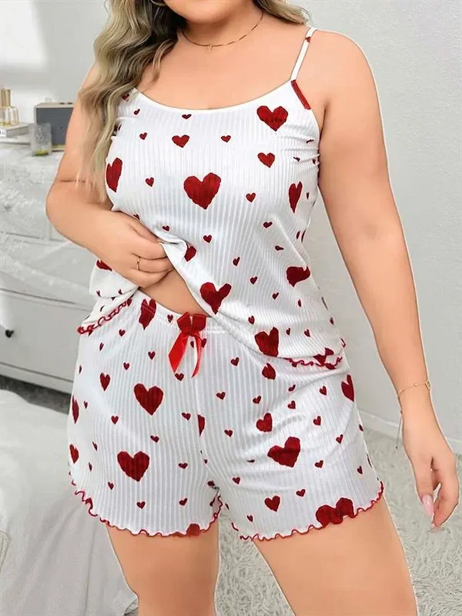 Büyük Beden Kalp Desen Pamuklu Şortlu Pijama Takımı