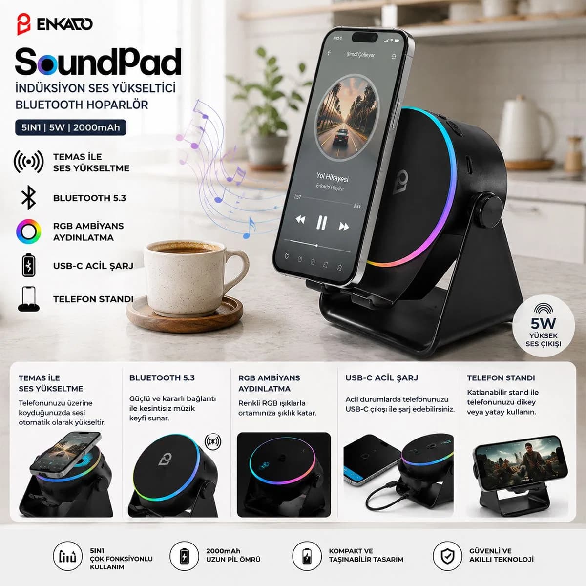 Bluetooth Soundpad Hoparlör 5W 2000mAh (Telefon Standı, USB-C)